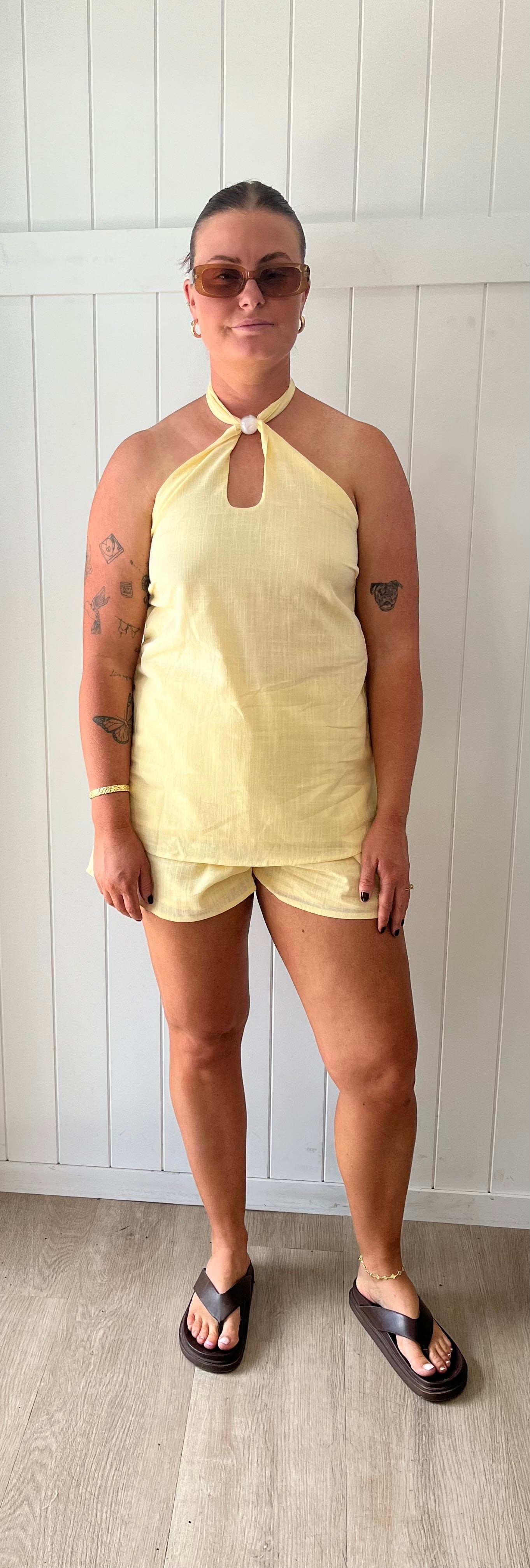 By Frankie Yellow Keyhole Beaded Halter set