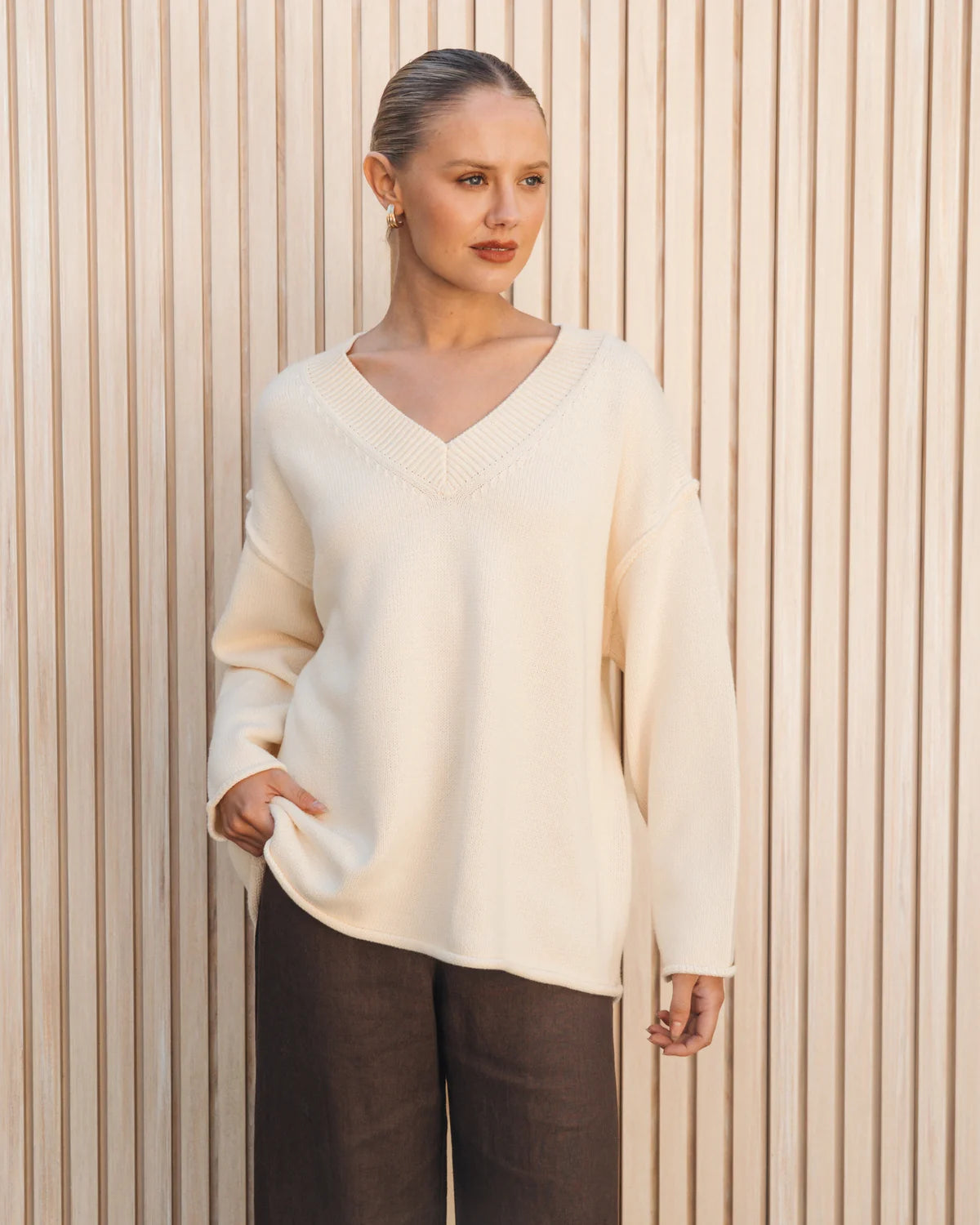 Cream V Neck Knit