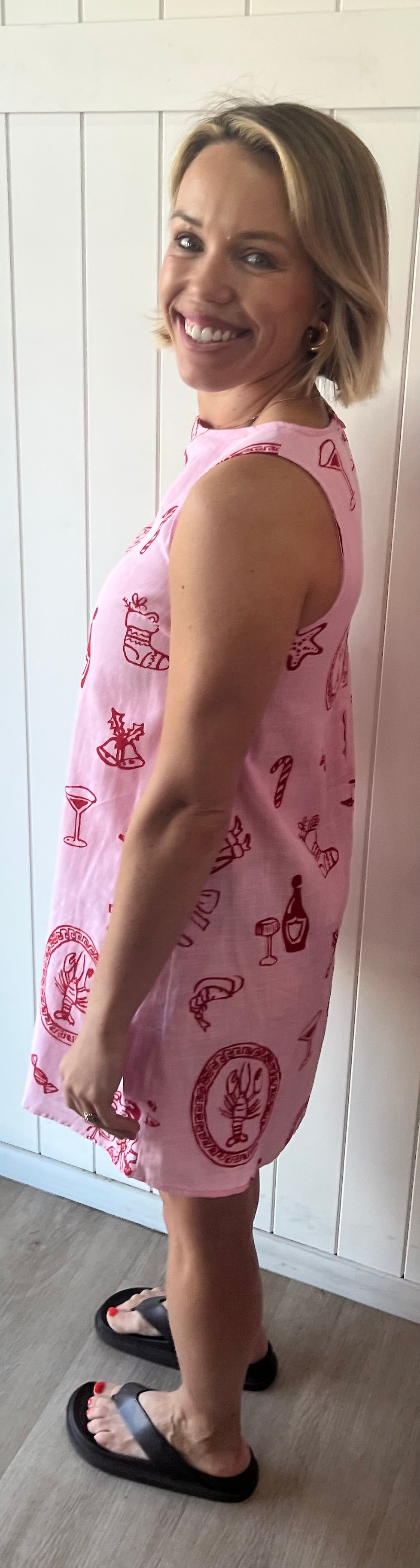 By Frankie Santa Print shift Mini Dress (Pink)