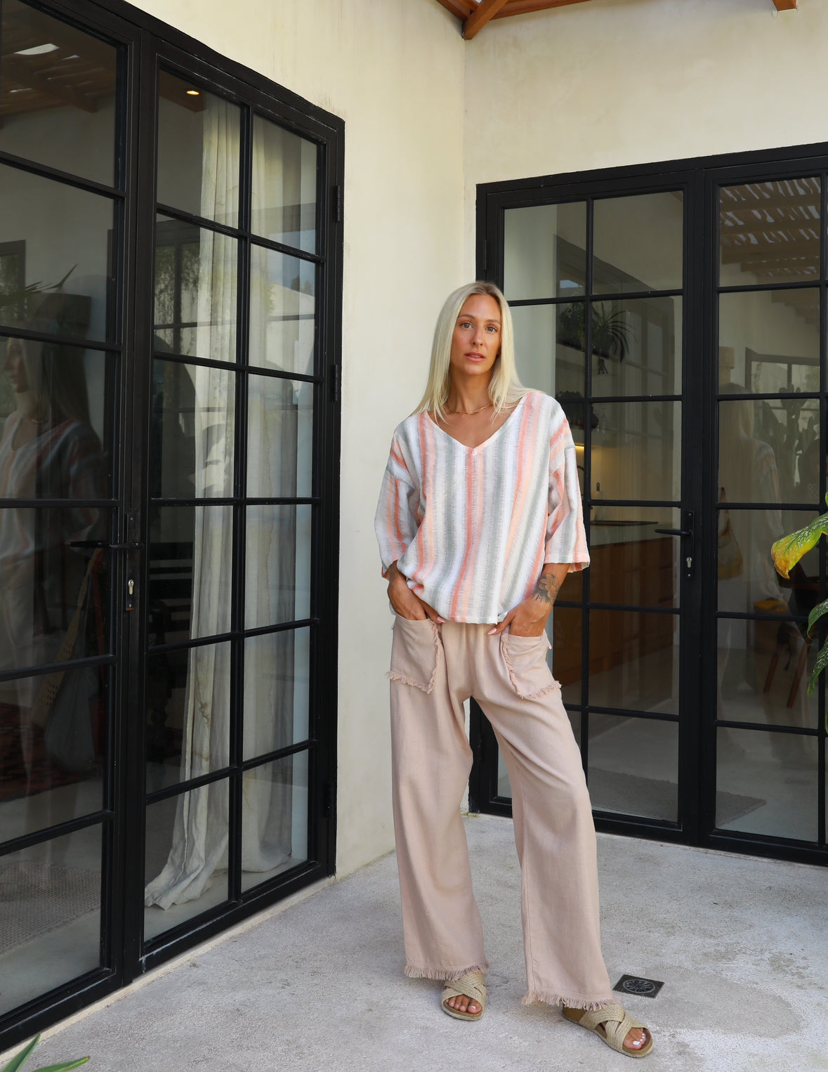 Carbon Joshua Frayed Linen Pants Oatmeal