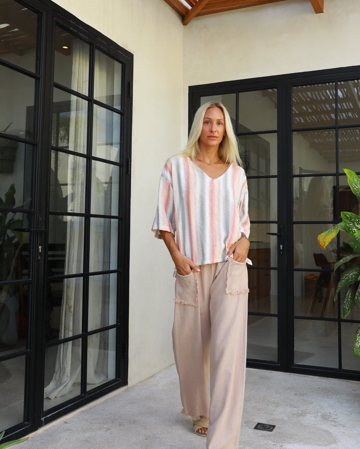 Carbon Joshua Frayed Linen Pants Oatmeal