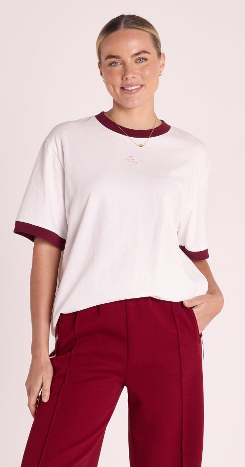 Feather and Noise Ringer Graphic Tee - White and Maroon