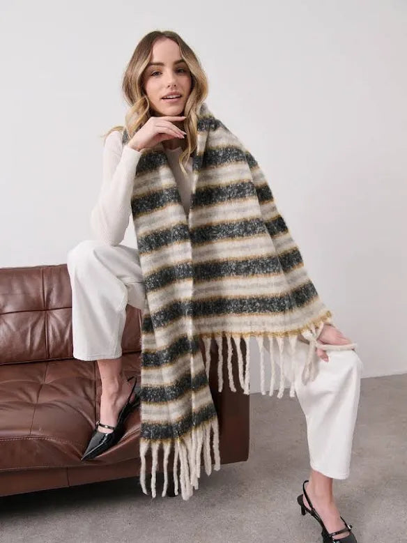 Maine Striped Fluffy Scarf - Angel Whisper Accessories - Charcoal/Tan/Grey