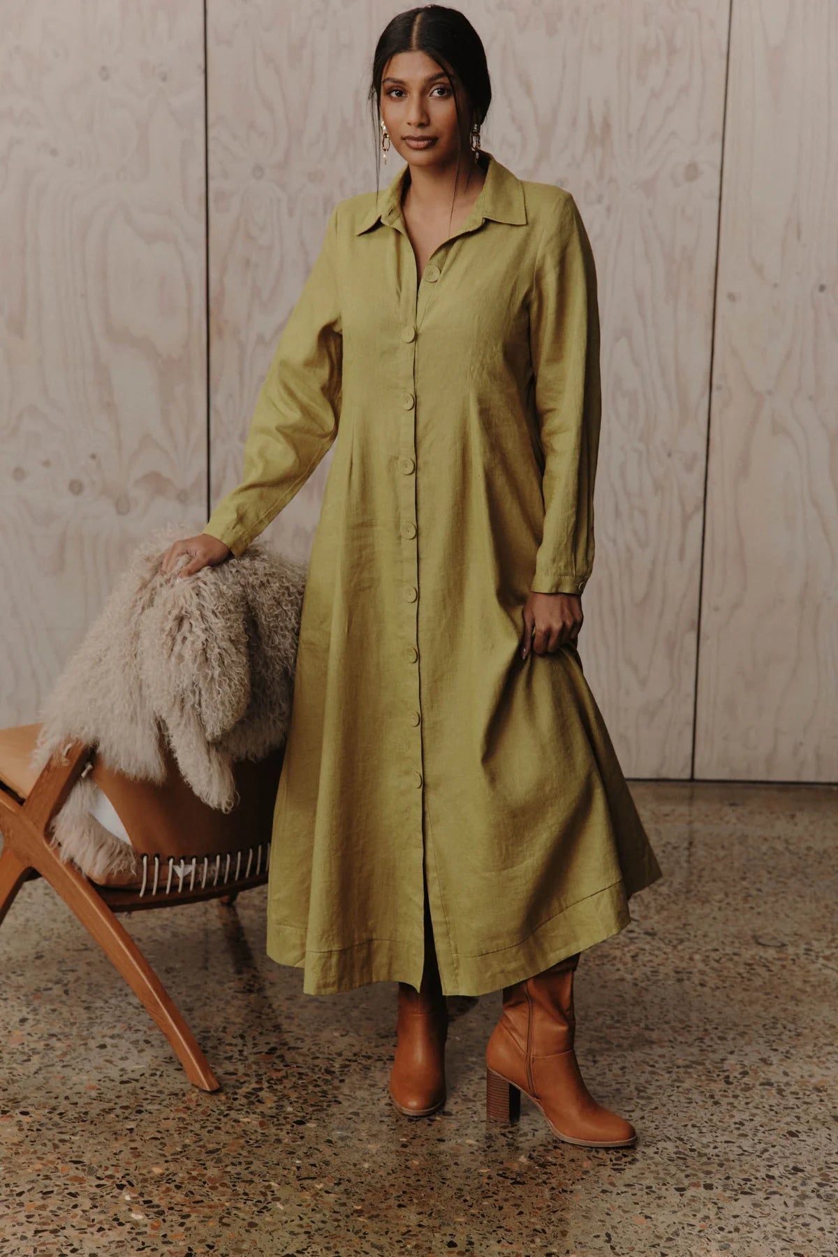 Eb and Ive Laax Shirt Dress Chartreuse