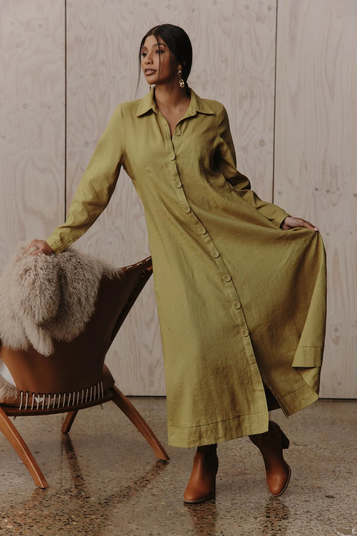 Eb and Ive Laax Shirt Dress Chartreuse