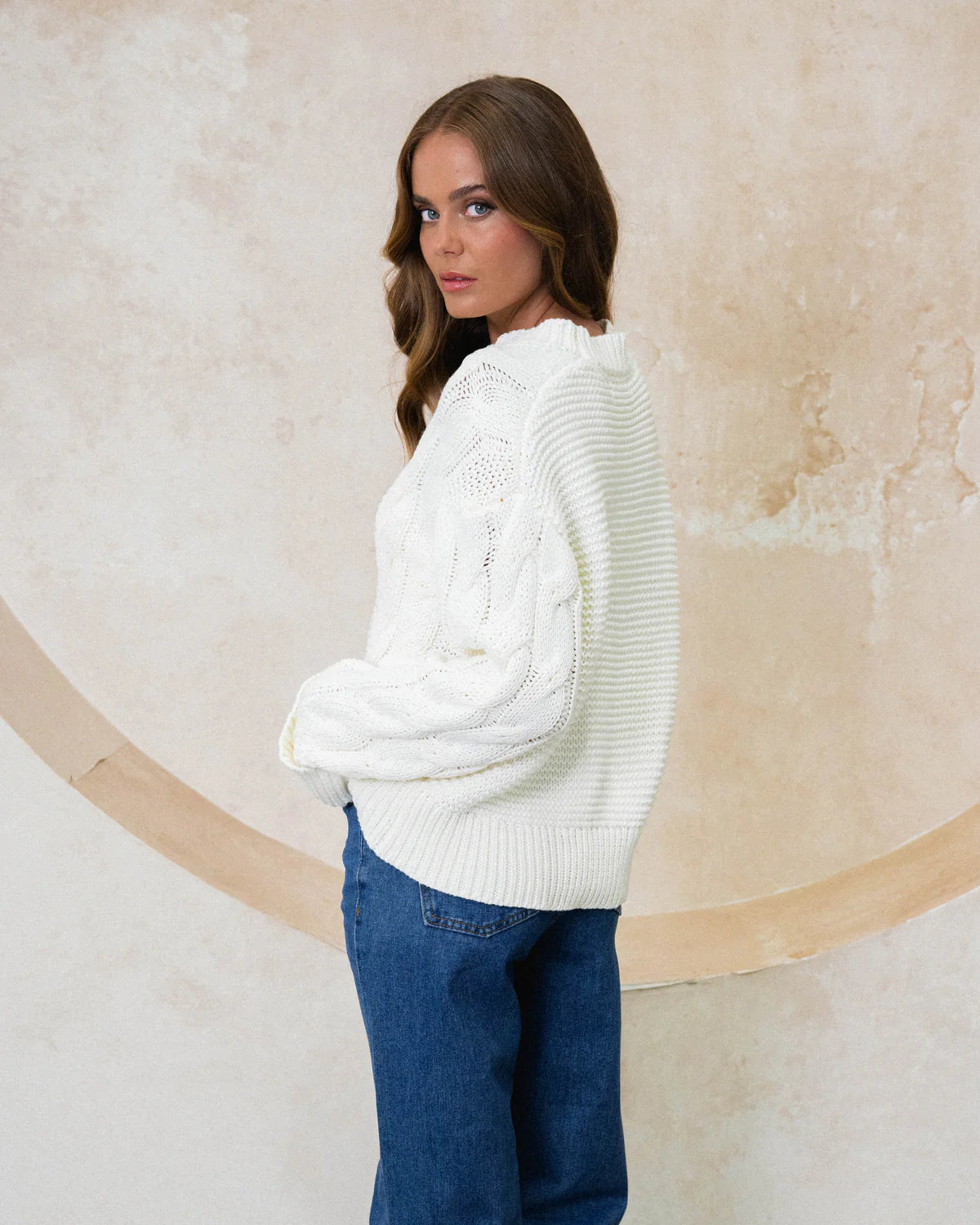 Ebby and I Cable Knit Pullover White