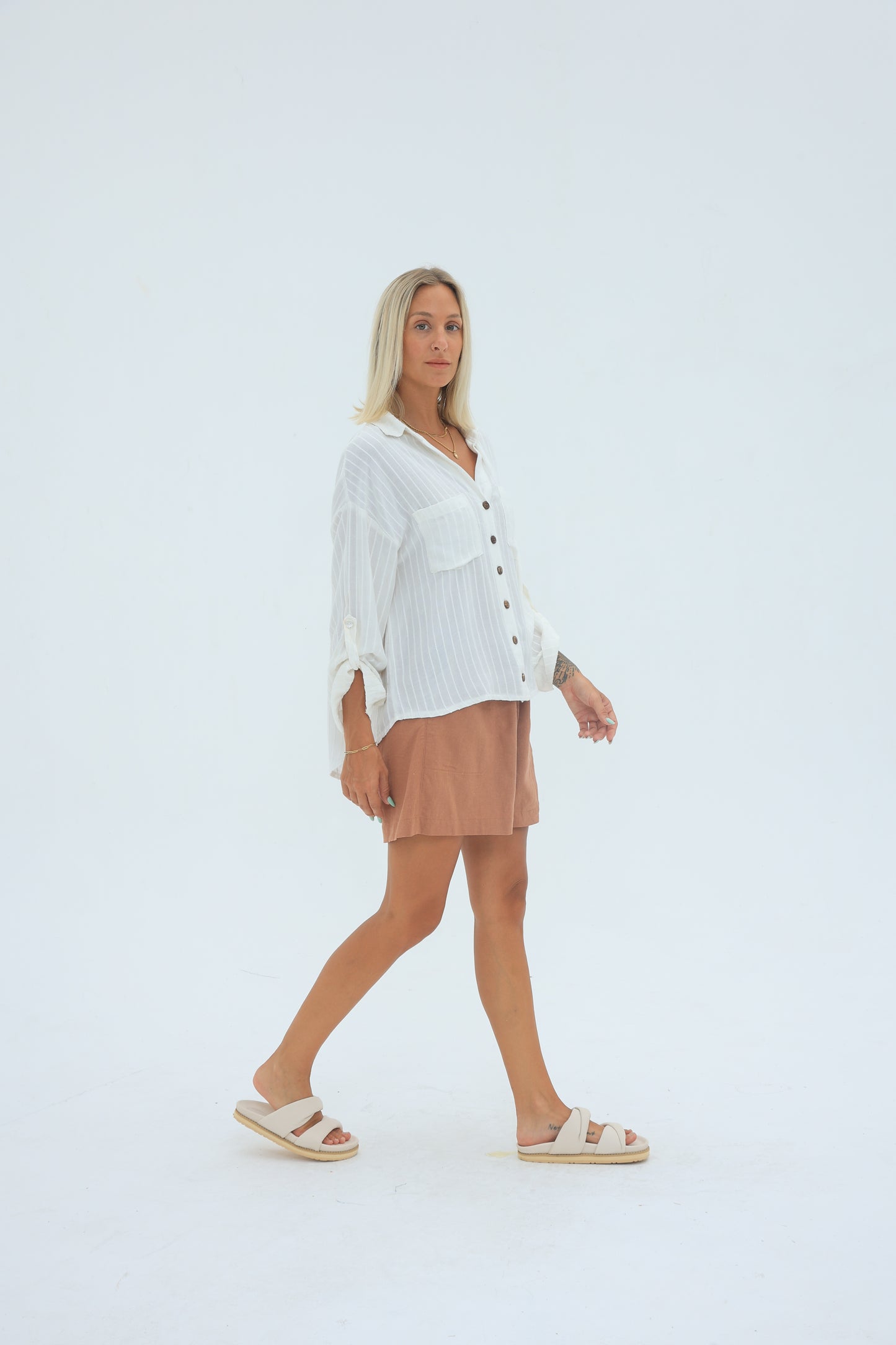 Carbon Caitlyn Linen Stripe Top Natural