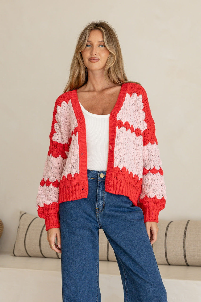 Red Pink Chunky Horizen Cardi