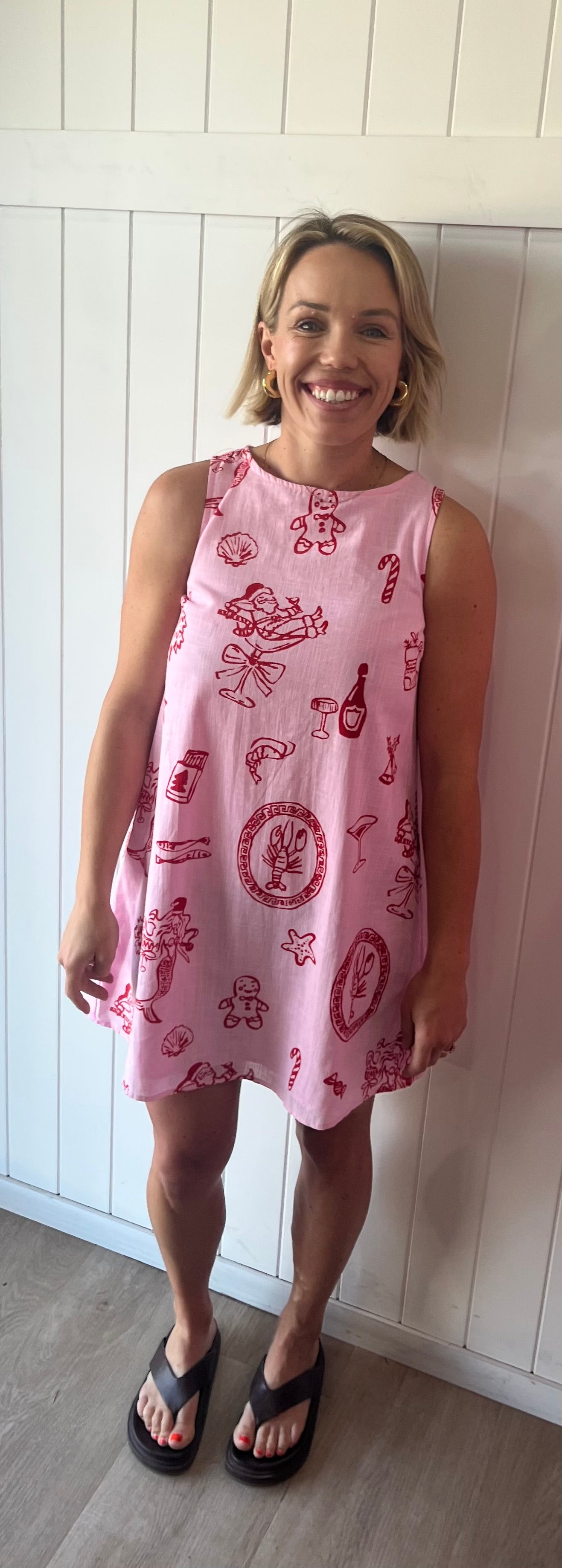 By Frankie Santa Print shift Mini Dress (Pink)