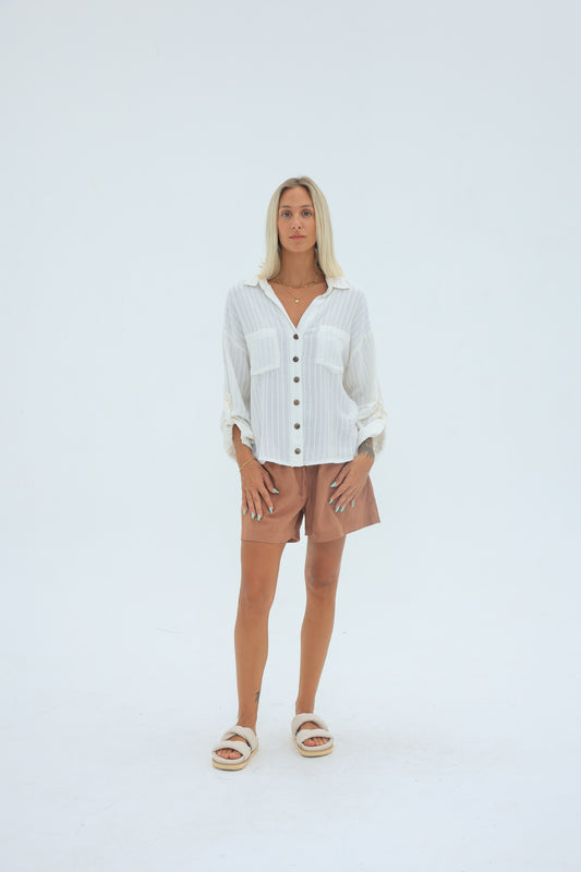 Carbon Caitlyn Linen Stripe Top Natural