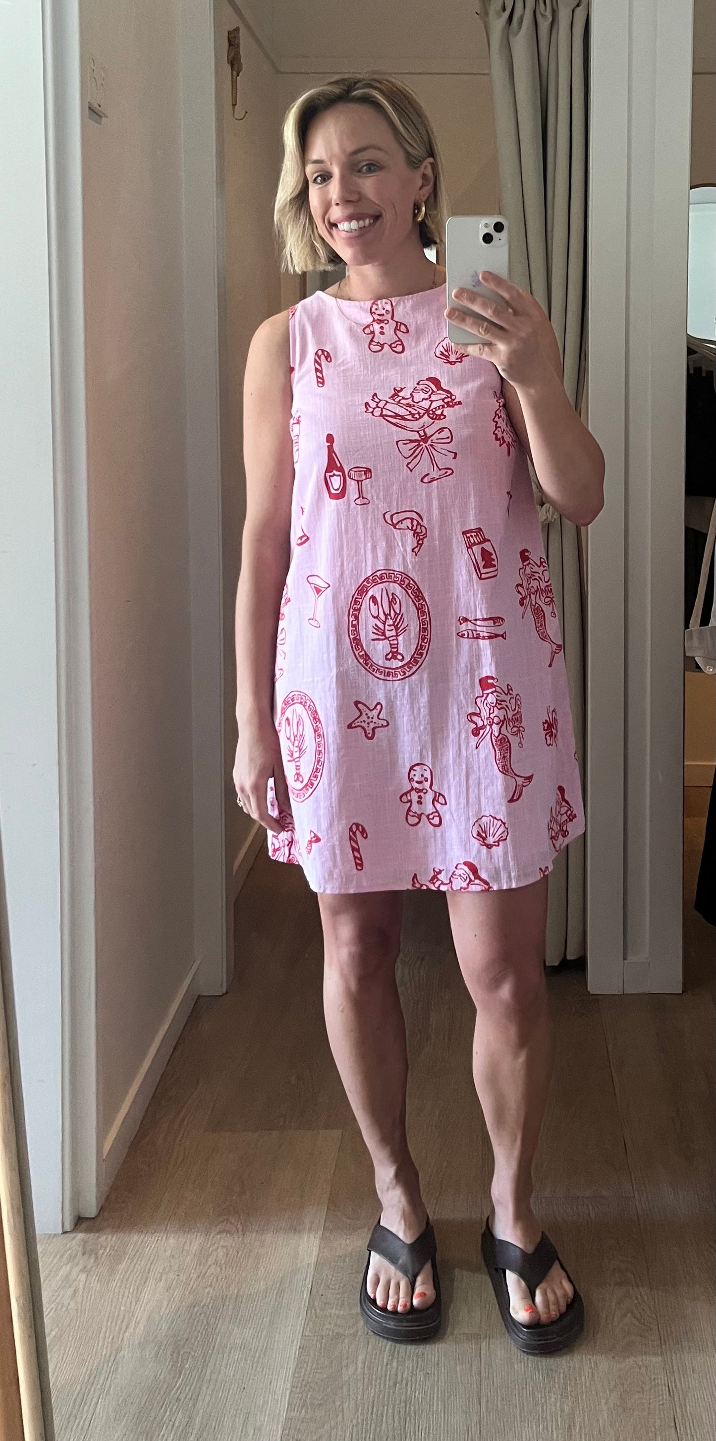 By Frankie Santa Print shift Mini Dress (Pink)