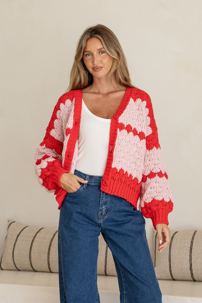 Red Pink Chunky Horizen Cardi