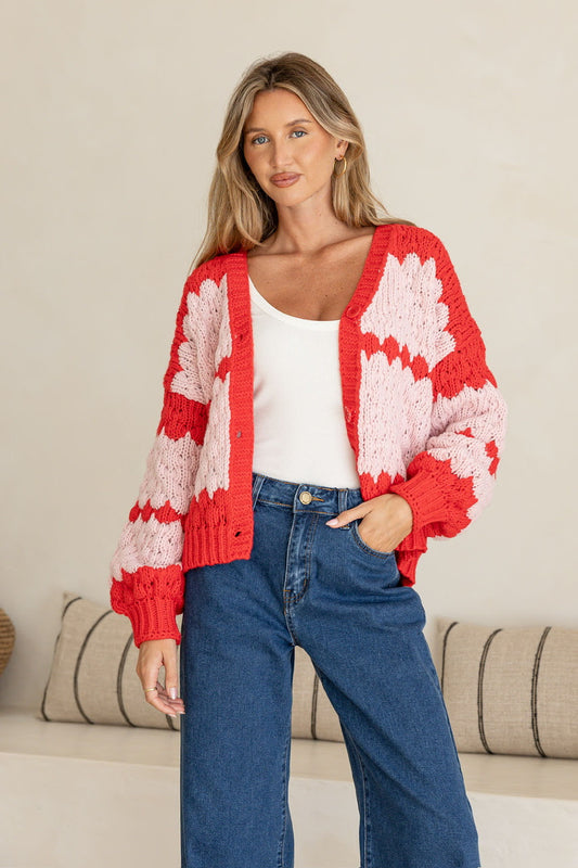 Red Pink Chunky Horizen Cardi