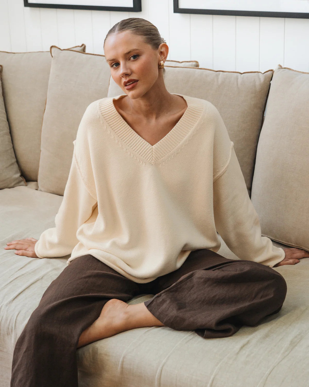 Cream V Neck Knit