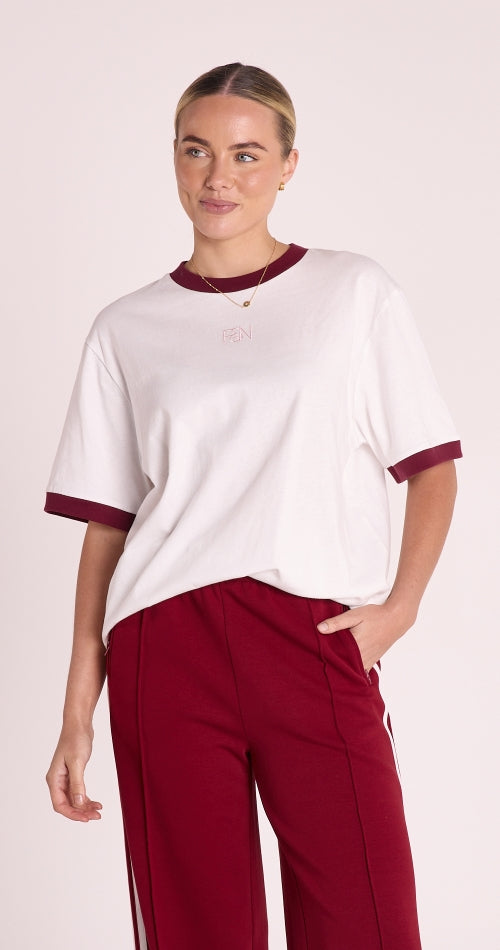 Feather and Noise Ringer Graphic Tee - White and Maroon