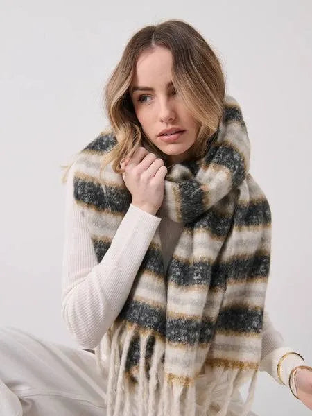 Maine Striped Fluffy Scarf - Angel Whisper Accessories - Charcoal/Tan/Grey