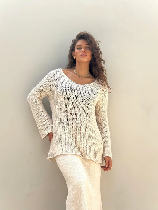 Amira Sunday V Neck Honey Butter Popcorn Yarn Mix Cotton Jumper