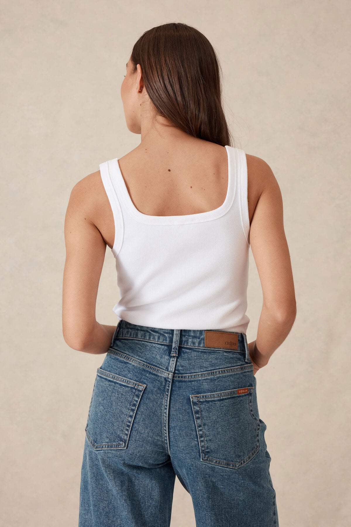 Ceres Life Zaeli Contour Rib Square Neck Tank (White)