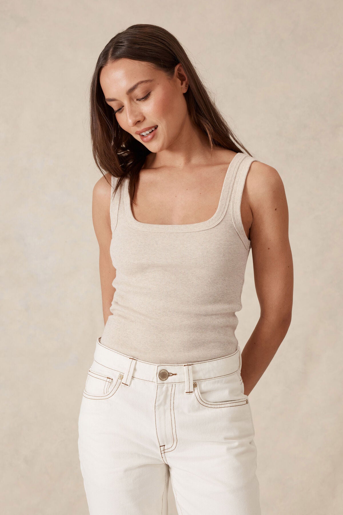 Ceres Life Zaeli Contour Rib Square Neck Tank (Oatmeal Marle)
