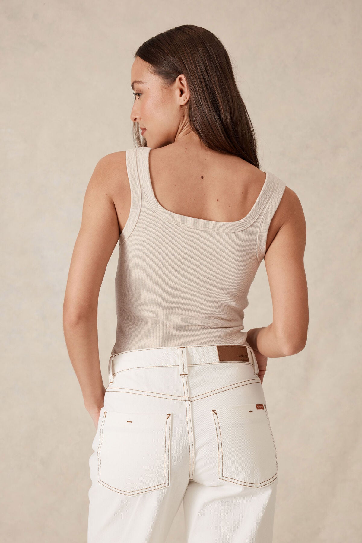 Ceres Life Zaeli Contour Rib Square Neck Tank (Oatmeal Marle)
