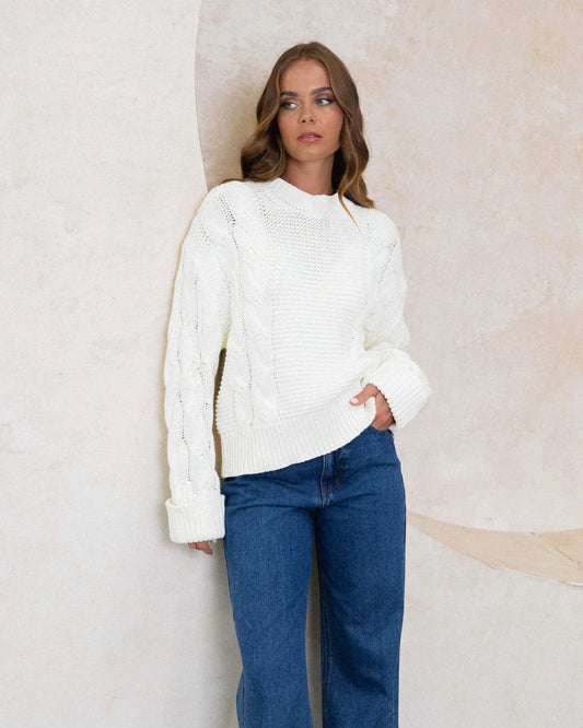 Ebby and I Cable Knit Pullover White